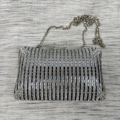 Sparkly Rhinestone Box Silver Clutch Crossbody Bag Formal Wedding Prom Fancy