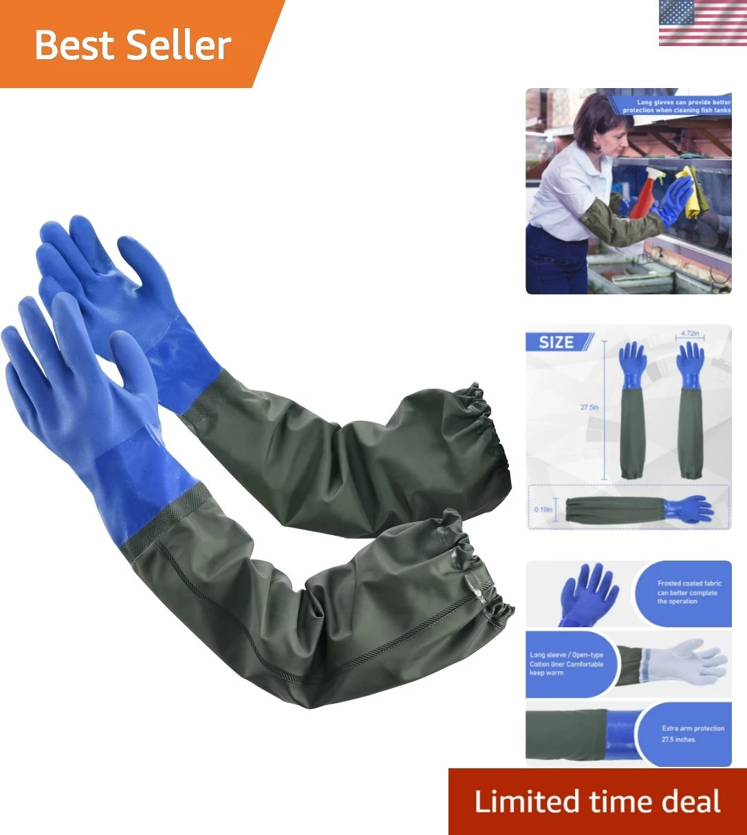 Long Waterproof Gloves, Long Chemical Gloves, Reusable, Padded Cotton Lined/A...