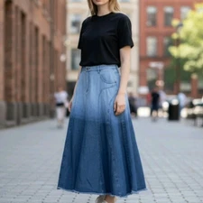 The Pyramid Collection Ombre Frayed Hem Flowy Denim Maxi Skirt - 20