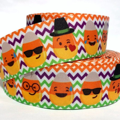 GROSGRAIN RIBBON 5/8'', 7/8'',1.5'', 3'' Halloween Candy Corn Faces Printed Bulk 