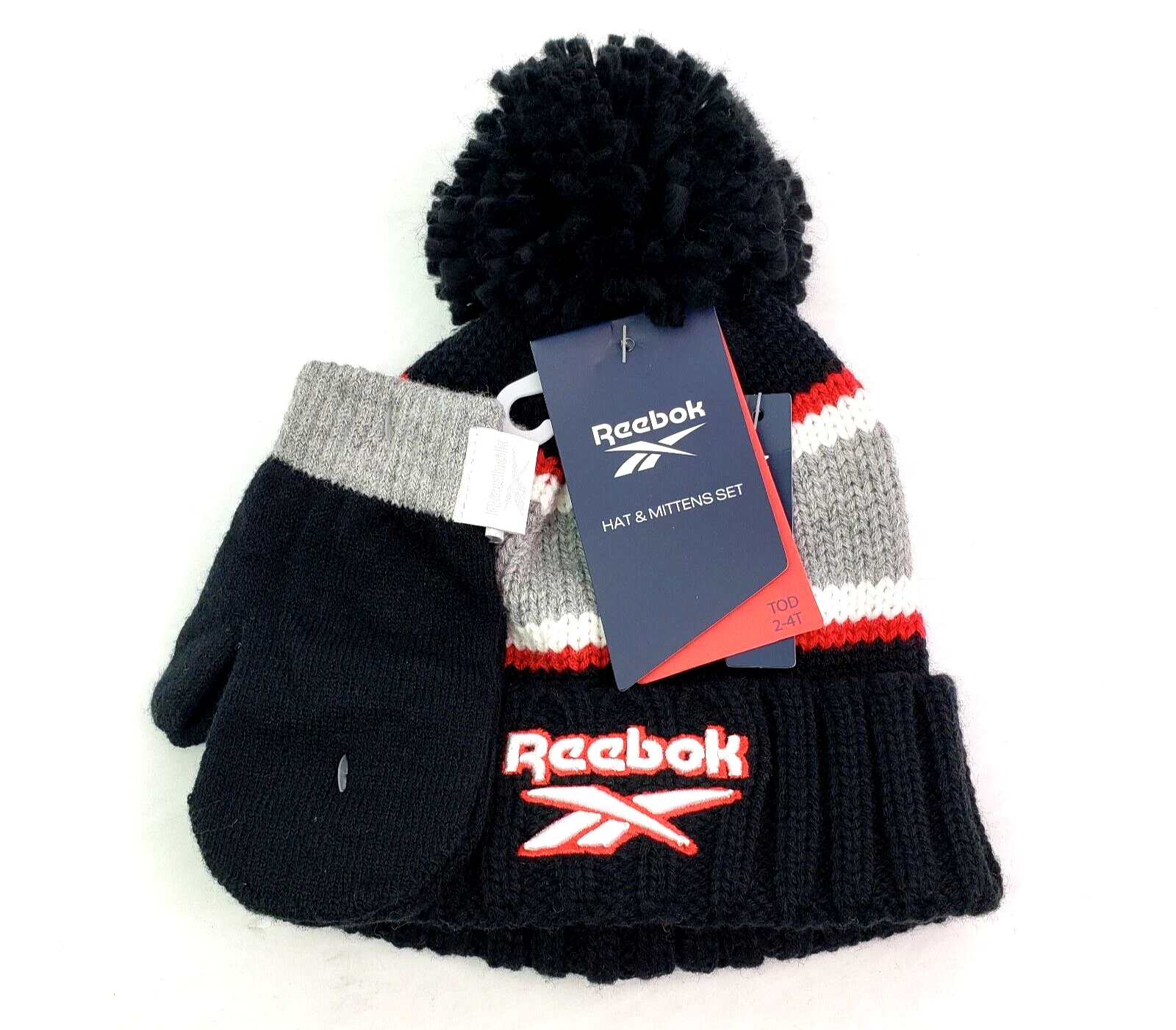 Reebok Toddler Boys Size 2T-4T Black Red Knit Pom Beanie Hat Mittens Set