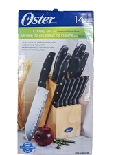 NIB NEW OSTER GRANGER 14-PIECE KITCHEN KNIFE WOOD BLOCK SET STAINLESS STEEL