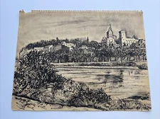 ANTIQUE PAINTING 1929 LISTED JO CAIN PAINTED ONSITE View Of Avignon City Hilltop