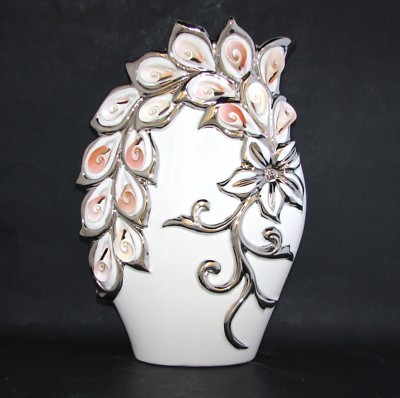 NEW CERAMIC WHITE+SILVER TONE LILY FLOWER+PINK SHELL VASE,FIGURINE