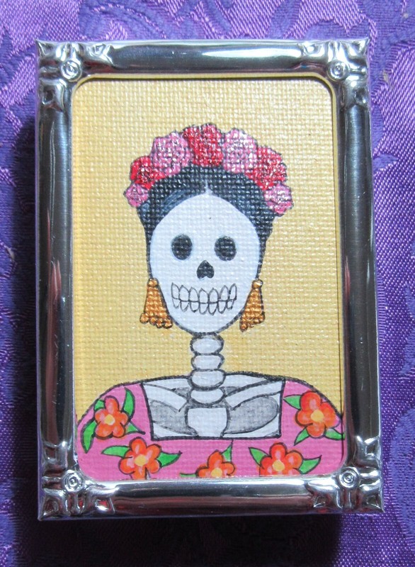 Day of the Dead Style Original Framed Mini Painting Silvertone Frame