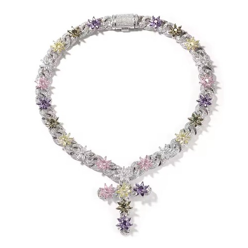Colorful Flower Cuban Chain Full Paved Iced Out Bling Cubic Zirconia Cross Charm - Picture 11 of 13