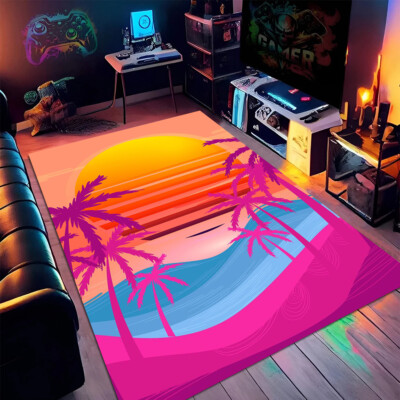 Vintage Abstract Pink Neon Accent Sunset Tropical Area Rug for Playroom