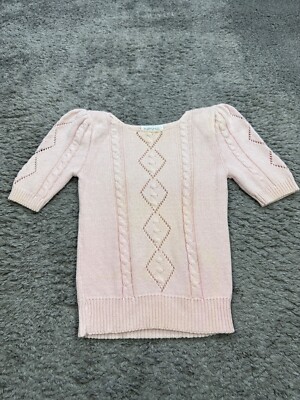Vtg Nisha Sweater Women Small Pink Smocked Cable Knit Pullover Made In USA 70s