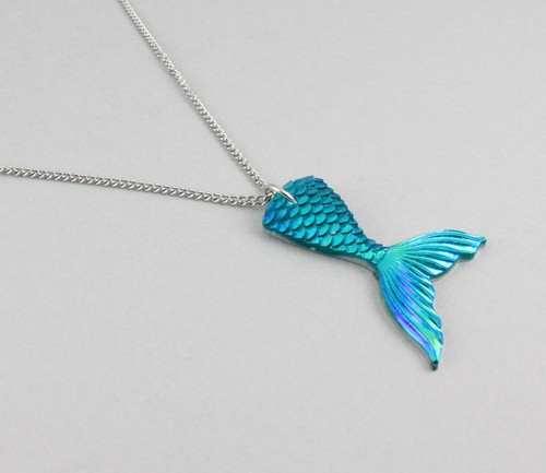 Mermaid necklace Silver Turquoise tail pendant chain 18" long shimmery scales - Picture 6 of 10
