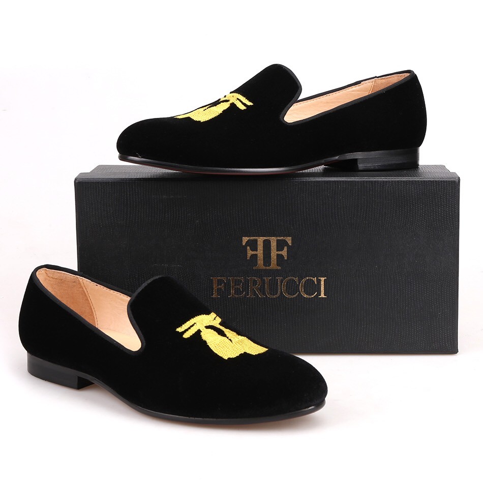 PANTOFOLA D’ORO Mocassini ciabatte uomo FERUCCI fatti a mano in velluto nero con nappa ricamata oro