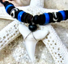 REAL SHARK TOOTH NECKLACE PENDANT LARGE TEETH BLACK CORD WOOD BEADS SURF BOY MEN