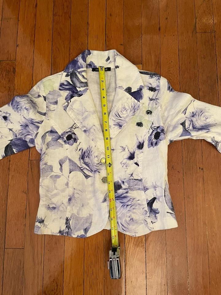 Roberto Cavalli Women’s Linen Blue White Floral Blazer Size Small - Image 4 of 4