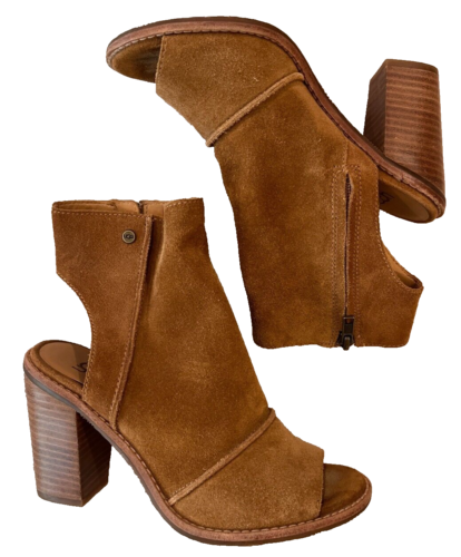 UGG Valencia Peep Toe Block Heeled Ankle Boots Booties Chestnut Suede Size 6.5