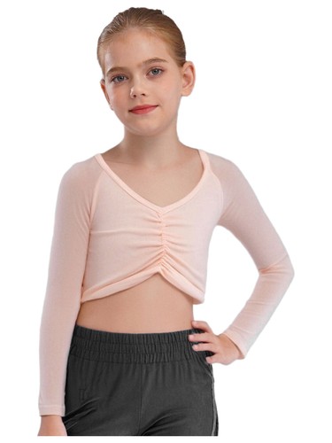 Girls Crop Top Long Sleeve Shirt Stage Performance Tops Modern Shrug Warm Up - Picture 6 of 32