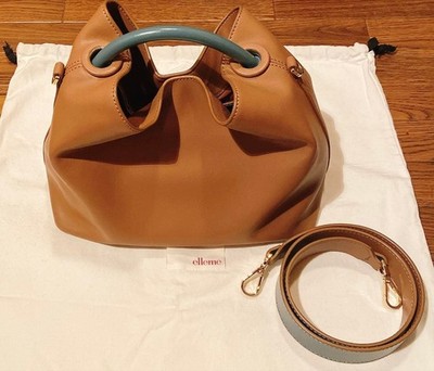 elleme 2Way Leather Shoulder Bag Beige Blue Suede Interior Excellent Condition
