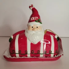 Global Design  CHRISTMAS FESTIVE Santa JOLLY Stripes Butter Dish Green NEW