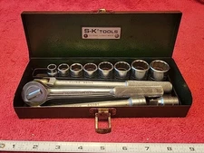 S-K TOOLS 3/8" DRIVE SAE SOCKET SET 12 PC W/METAL BOX VTG USA 🇺🇸