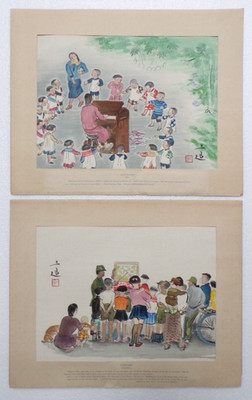 2 VINTAGE PRINTS KINDERGARTEN STORY TELLER JAPANESE ARTIST SANZO WADE DIED 1967