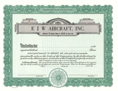E J W Aircraft, Inc. - Certificate number 1 - Unissued Stock Certificate - Cer