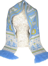 NEW OwlCrate JR NARNIA Knit Scarf ASLAN LION Fringe Blue/Ivory/Yellow 54"x6"