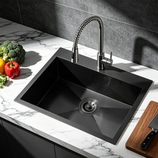 VALISY Drop-In Black Stainless Steel Kitchen Sink 25x22 Modern w/ Grid