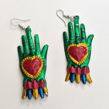 New! Handmade MEXICAN TIN sacred heart hand earrings drop dangle ethnic boho
