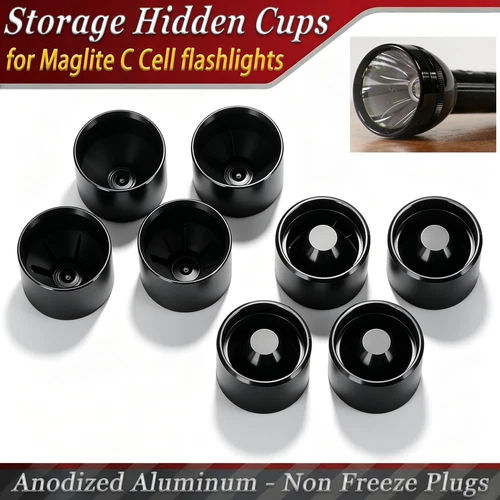 8X Dry Storage Hidden Cups for Maglite C Cell Flashlights - Anodized Aluminum