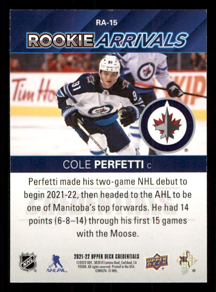 2021-22 Upper Deck Credentials Rookie Arrivals #RA15 Cole Perfetti - Image 2 of 2