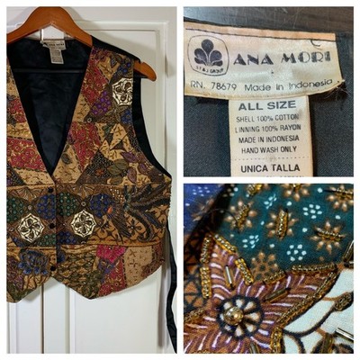 Vintage Ana Mori Beaded Patchwork Vest Top All Size Boho Retro Brown Fall Vibe