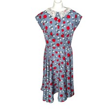 Vixen Hell Bunny Apple Print Lace Collar Tea dress 40s Vintage Pinup Size L Blue
