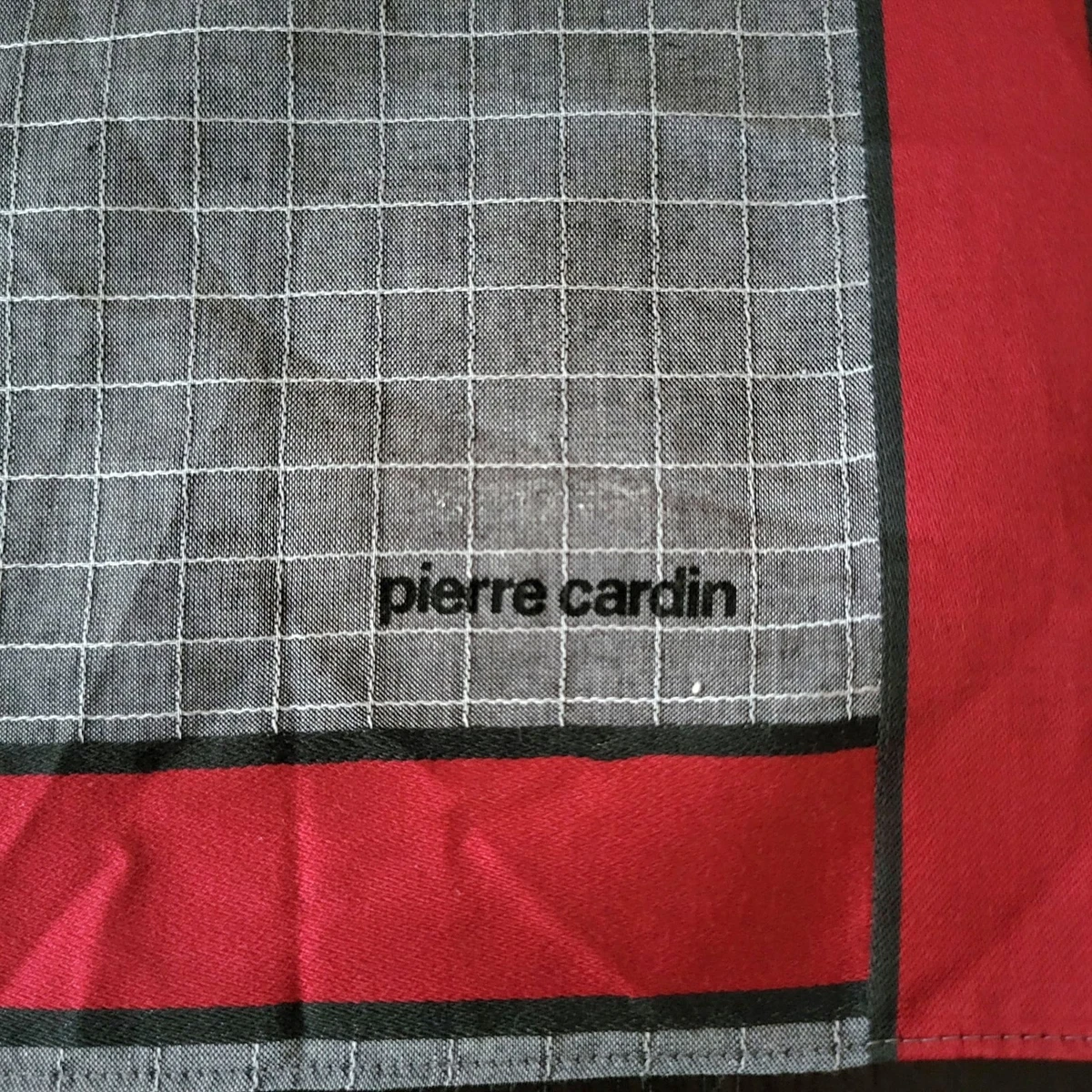 Cotton Handkerchief Pocket Square VTG Pierre Cardin Grey Check Red Border 18"