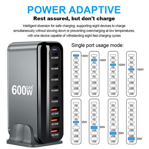 600W Gan Fast Charging Station USB C Type C PD desktop Charger for iPhone Laptop - Picture 15 of 16