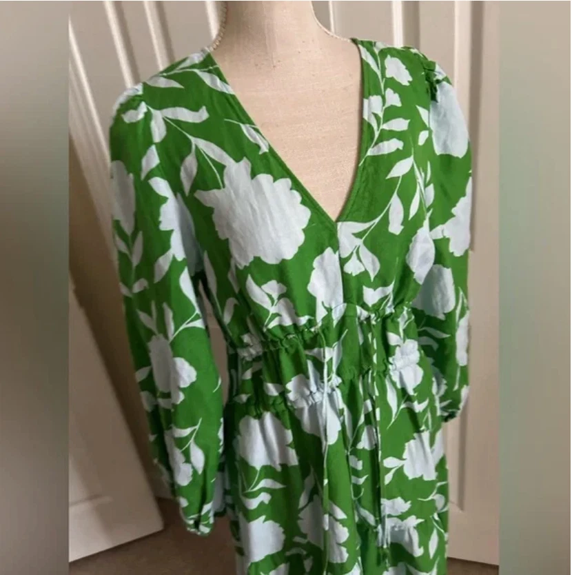 Abito midi Kate Spade lino verde bianco manica lunga taglia S