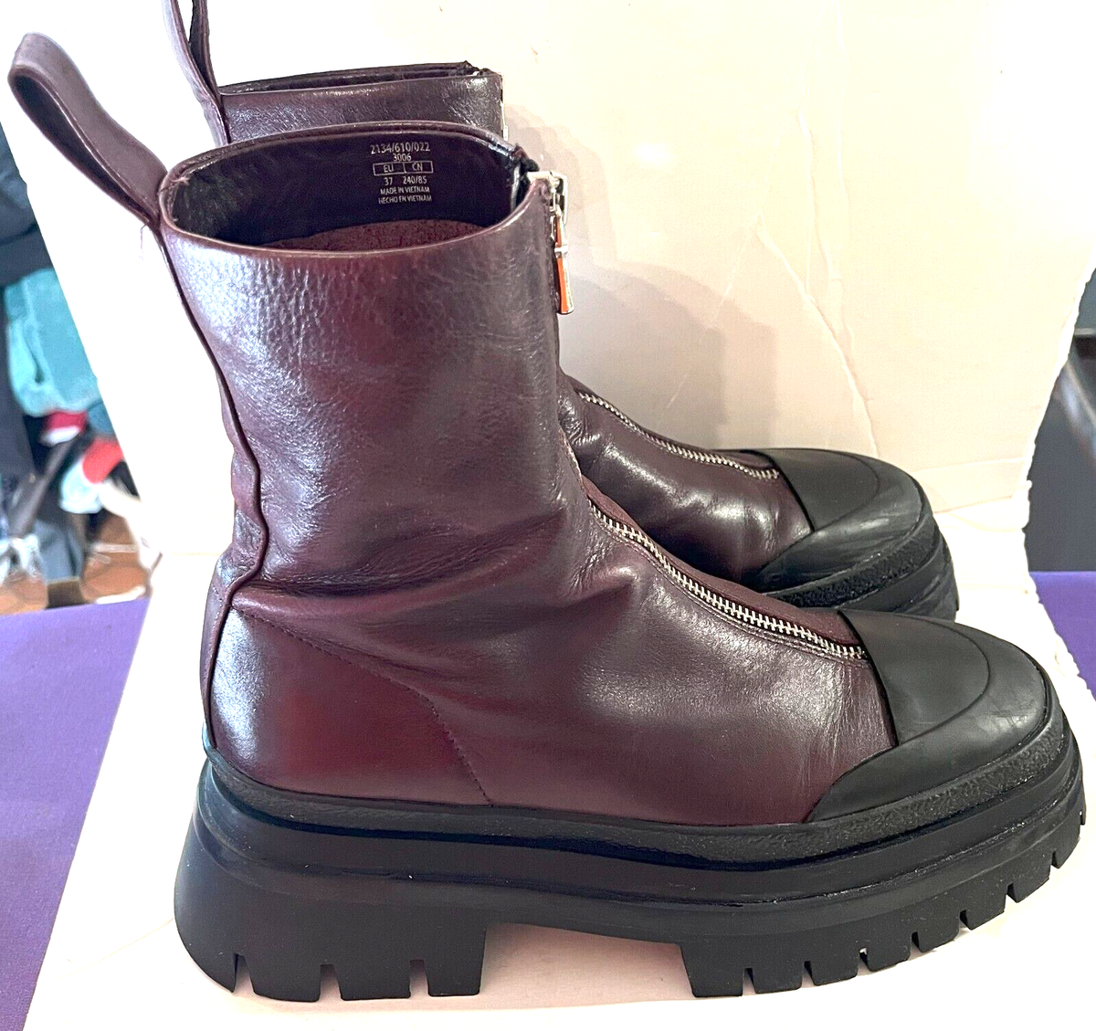 ZARA LUG SOLE WINE BURGUNDY LEATHER FRONT ZIP CHUNKY ANKLE ZARA LUG SOLE WINE BURGUNDY LEATHER FRONT ZIP CHUNKY ANKLE
