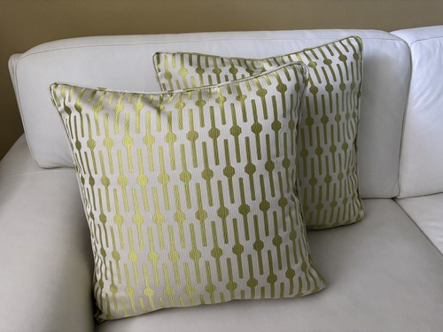 PAIR Scalamandre Pillow Covers Silk Embroidered Beige / Kiwi Design 22x22