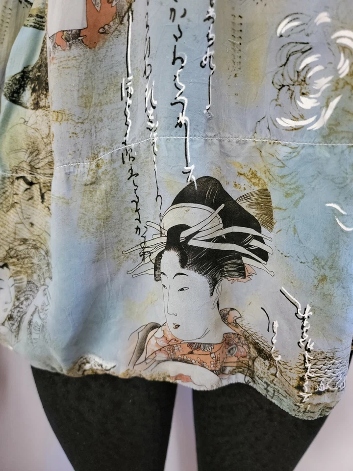 Tianello -Sz S Exquisite ASIAN GEISHA 3/4 Blue Rayon FLORAL Artsy Top Blouse #W1 - Image 2 of 4