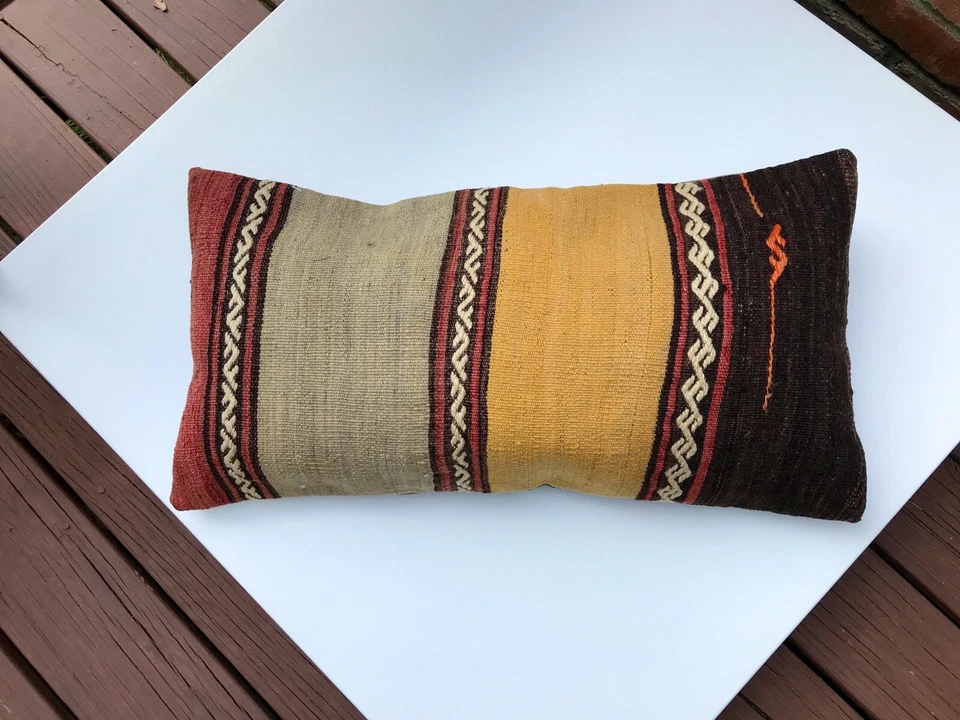 Funda de almohada turca Kilim almohada hecha de alfombra tejida a mano vintage 28x15"  Foto 2 de 4