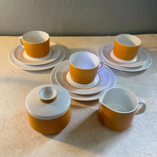 Mid-Century Mikasa vtg coffee mug saucer sugar bowl creamer burnt orange