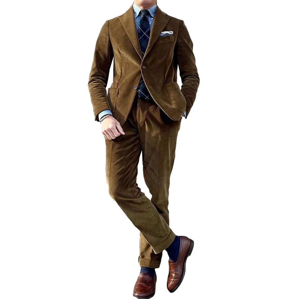 Brown Corduroy Suit for Men Two Button Jacket Pant Sets Best Man Gift Tailored  - Image 4 of 4