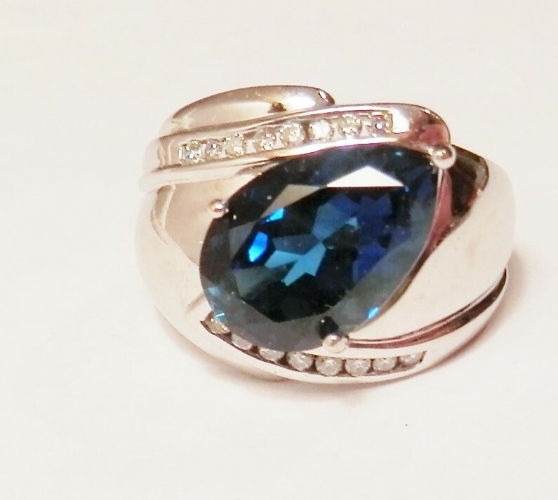 John C Rinker JCR 14x10 Teardrop Blue Stone 14K White Gold Wide Ring Size 8.75 View 2