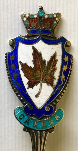 Antico cucchiaio souvenir argento sterling CANADA smalto corona foglia isola di St. Joe - Foto 3 di 5