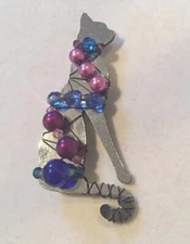 LIZTECH Signed 1990 Whimsical Jeweled Glass Bead Mirror Kitty Cat Pin Brooch 3"