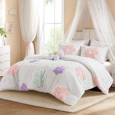 Kids Full Comforter Set for Girls, Tufted Chenille Floral Comforter Set Queen, L