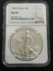 1989 AMERICAN SILVER EAGLE NGC MS 69 BROWN LABEL Clean and Bright