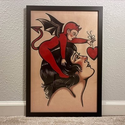 Woman Tempted with Heart Tattoo Design   16x24 Framed Wall Hanging Art Decor