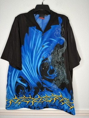C Two Blue Flames Dragon Rave Button Down Short Sleeve Shirt Mens XL Y2K Vtg