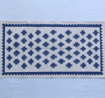 Handwoven Cotton Rug Blue & White Star Kilim Reversible Flatweave Multi Size
