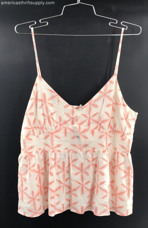 LOFT Women's White Pink Starburst Cami Top Smocked Peplum Linen Rayon NWT Sz M