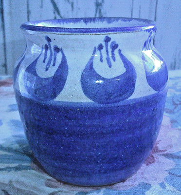 Handmade PETRA Studio Pottery Cup - Signed Blue Glazed Ceramic Vase 3 1/4'' TALL