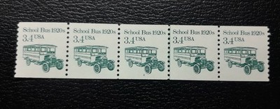 US Scott #2123, 1985-87 3.4c, Scool Bus, plate strip of 5, p #2 With Line MNH/OG